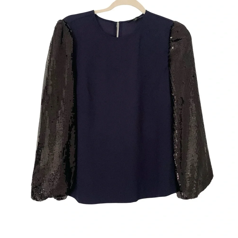 NWT J Crew Small Elegant Navy Blue Keyhole Party Top with Black Sequin Sleeves